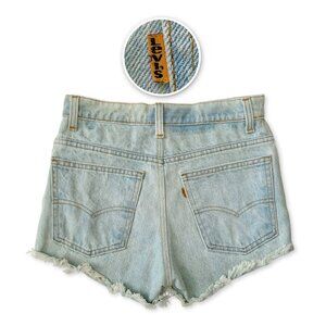 Levis Orange Tab Light Blue High Waisted Jean Shorts Fringe Distressed Boho